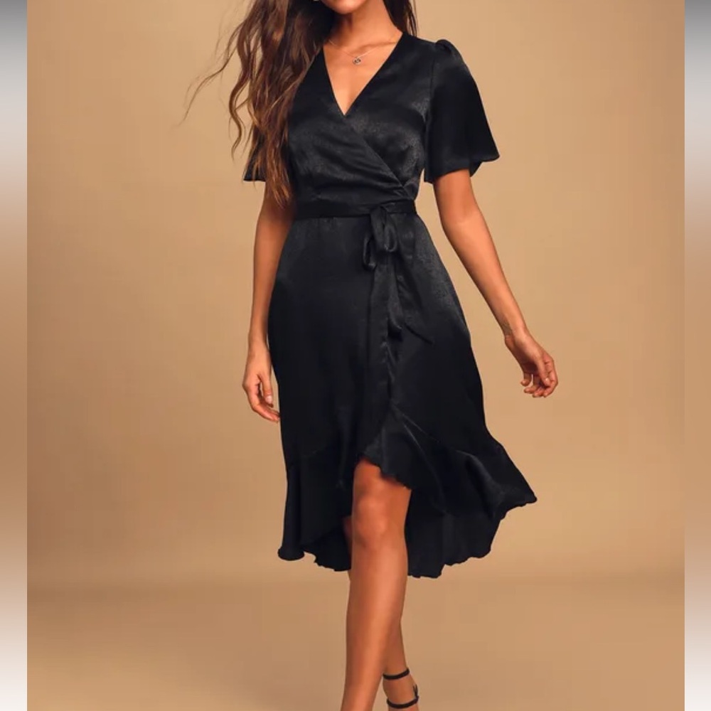 NWT Lulus Wrapped Up In Love Black Satin Faux-Wrap Midi Dress